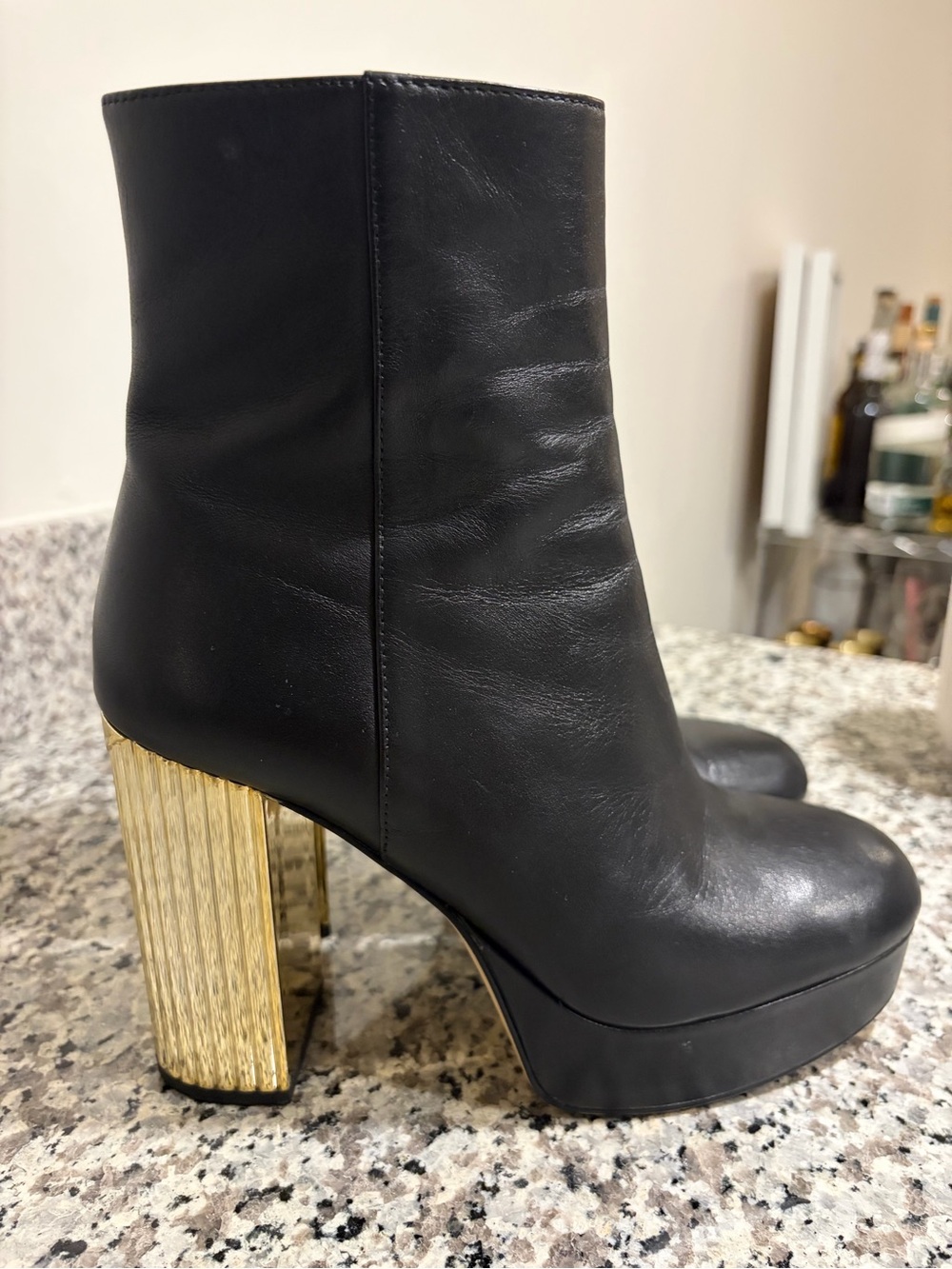 Michael Kors Black Leather Ankle Boots with Gold Block Heel - Women's